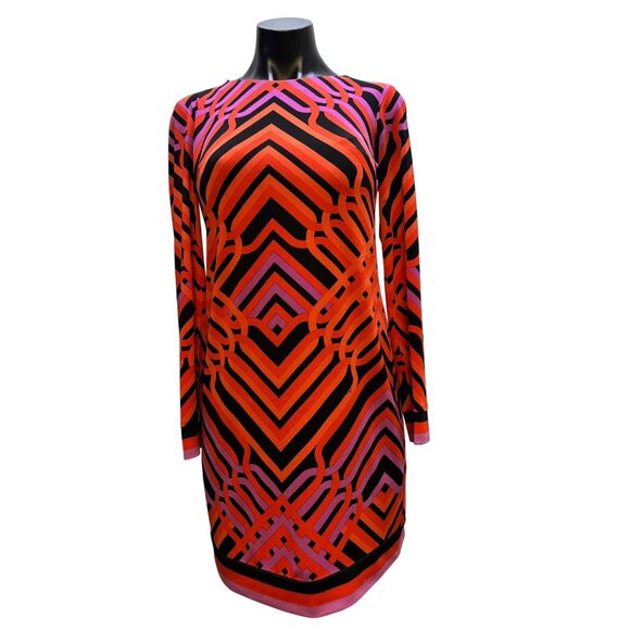 Trina Turk Geometric Print Long Sleeve Dress Red & Black Size 0 - Picture 1 of 6